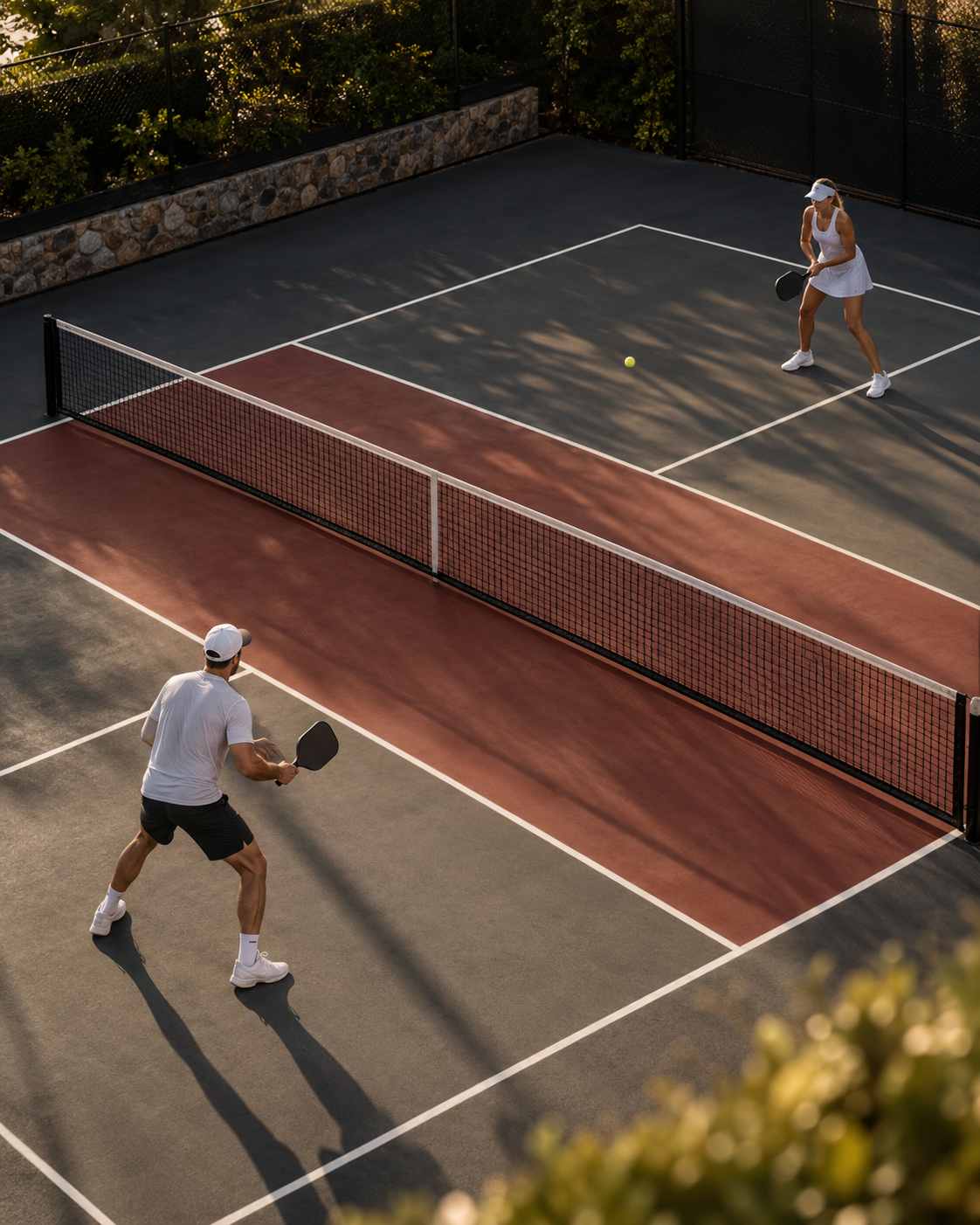 Pickleball players on a charcoal and red outdoor court